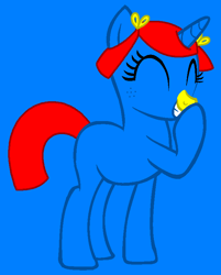 Size: 661x822 | Tagged: safe, artist:frizzlewaffle17, artist:spitfirethepegasusfan39, pony, unicorn, adult blank flank, base used, blank flank, blue background, eyes closed, female, freckles, g4, giggling, hairclip, laughing, little miss, little miss giggles, mare, mr. men, mr. men little miss, pigtails, ponified, simple background, smiling, solo, yellow nose