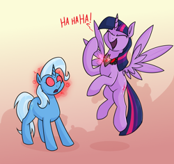 Size: 1602x1512 | Tagged: safe, alternate version, artist:moonatik, imported from derpibooru, trixie, twilight sparkle, alicorn, pony, unicorn, abstract background, alicorn amulet, blank expression, evil laugh, female, flying, laughing, mare, mind control, open mouth, role reversal, spread wings, twilight sparkle (alicorn), tyrant sparkle, wings