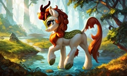 Size: 5120x3072 | Tagged: safe, imported from derpibooru, autumn blaze, kirin, ai content, ai generated, butt, dock, featureless crotch, forest, generator:pony diffusion v6 xl, generator:purplesmart.ai, generator:stable diffusion, nature, plot, prompter:kluknawa235, smiling, tail, tree, underhoof, water