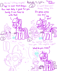 Size: 4779x6013 | Tagged: safe, artist:adorkabletwilightandfriends, imported from derpibooru, spike, twilight sparkle, alicorn, comic:adorkable twilight and friends, adorkable, adorkable twilight, comic, confused, cute, dork, exclamation point, exercise, exercise ball, expression, funny, happy, lamp, pointing, radio, realization, slice of life, smiling, table, twilight sparkle (alicorn), weights