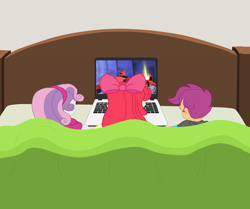 Size: 5156x4317 | Tagged: safe, artist:gmaplay, imported from derpibooru, apple bloom, scootaloo, sweetie belle, equestria girls, bed, computer, laptop computer, resting, solo