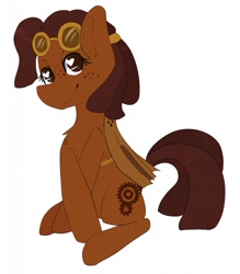 Size: 1119x1280 | Tagged: safe, artist:oddends, imported from derpibooru, oc, oc only, oc:ramaon cogwright, earth pony, pony, brown eyes, brown mane, dreadlocks, female, freckles, goggles, goggles on head, simple background, sketch, smiling, solo, steampunk, white background