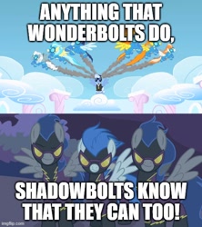 Size: 500x562 | Tagged: safe, edit, edited screencap, imported from derpibooru, screencap, nightshade, soarin', spitfire, pegasus, pony, friendship is magic, sonic rainboom (episode), calling all engines!, clothes, female, flying, goggles, male, mare, meme, shadowbolts, shadowbolts uniform, song in the description, song parody, song reference, spread wings, stallion, thomas and friends, thomas the tank engine, uniform, wings, wonderbolts, wonderbolts uniform