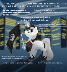 Size: 3000x3247 | Tagged: safe, artist:cadetredshirt, imported from derpibooru, oc, oc:quillian inkheart, pony, unicorn, book, building, chin up, cipher, commission, determined, determined look, digital art, flag, glasses, magic, male, monochrome, proud, solo, stallion, stallion oc, tail, text, two toned coat, two toned mane, two toned tail, unshorn fetlocks