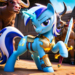 Size: 1024x1024 | Tagged: safe, imported from derpibooru, minuette, minotaur, pony, unicorn, ai content, ai generated, armor, generator:pony diffusion v6 xl, generator:purplesmart.ai, generator:stable diffusion, gladiator, magic, sword, weapon