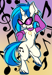 Size: 1668x2388 | Tagged: safe, artist:steelsoul, imported from derpibooru, dj pon-3, vinyl scratch, semi-anthro, unicorn, belly, bipedal, dancing, headphones, sunglasses, unshorn fetlocks