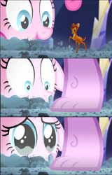 Size: 1364x2132 | Tagged: safe, edit, edited screencap, imported from derpibooru, screencap, pinkie pie, spike, deer, dragon, earth pony, pony, season 5, the cutie map, bambi, bambi vs godzilla, comic, crying, disney, feet, female, floppy ears, godzilla, godzilla (series), male, pie family home, reference, rock farm, screencap comic, solo, teary eyes