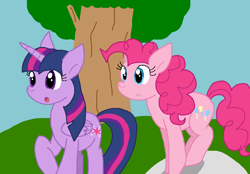 Size: 1412x981 | Tagged: safe, artist:cmara, imported from derpibooru, pinkie pie, twilight sparkle, alicorn, earth pony, female, rock, tree, twilight sparkle (alicorn)