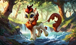 Size: 5120x3072 | Tagged: safe, imported from derpibooru, autumn blaze, kirin, ai content, ai generated, ear fluff, forest, generator:pony diffusion v6 xl, generator:purplesmart.ai, generator:stable diffusion, nature, prompter:kluknawa235, river, smiling, splash, tree, water