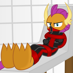 Size: 1300x1304 | Tagged: safe, artist:cardshark777, imported from derpibooru, smolder, dragon, angry, bondage, bound and gagged, digital art, feet, female, gag, glare, helpless, looking at you, lying down, simple background, smolder is not amused, solo, straitjacket, tied up, unamused, white background