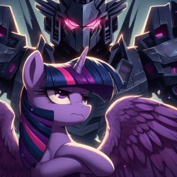 Size: 1024x1024 | Tagged: prompter needed, safe, imported from derpibooru, twilight sparkle, alicorn, robot, ai content, ai generated, badass, crossed arms, female, generator:dall-e 3, gundam, mare, pose, solo, solo female, twilight sparkle (alicorn)