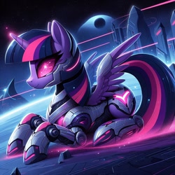 Size: 1024x1024 | Tagged: prompter needed, safe, imported from derpibooru, twilight sparkle, pony, robot, robot pony, ai content, ai generated, generator:dall-e 3, roboticization, twibot