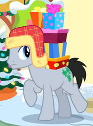 Size: 547x735 | Tagged: safe, imported from derpibooru, screencap, lucky clover, earth pony, pony, best gift ever, background pony, carrying, clothes, cropped, hat, male, present, raised hoof, solo, stallion, walking, winter outfit