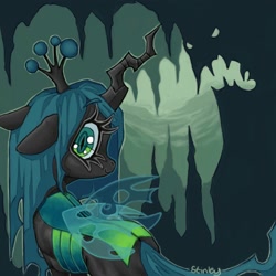 Size: 2000x2000 | Tagged: safe, artist:stinkiit, imported from derpibooru, queen chrysalis, changeling, changeling queen, cave, female, looking at you, looking back, looking back at you, signature, smiling, smiling at you, solo