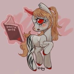 Size: 1440x1440 | Tagged: safe, artist:stinkiit, imported from derpibooru, pony, unicorn, book, death note, gray background, levitation, magic, misa amane, ponified, simple background, solo, telekinesis