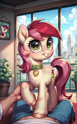 Size: 952x1536 | Tagged: safe, imported from derpibooru, roseluck, human, pony, ai content, ai generated, cute, generator:pony diffusion v6 xl, generator:stable diffusion, offscreen character, pet play, pony pet, pov, prompter:ruberoid, rosepet, weapons-grade cute