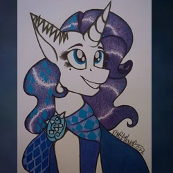 Size: 1073x1073 | Tagged: safe, artist:raritylover152, imported from derpibooru, rarity, pony, unicorn, equestria girls, equestria girls series, the other side, beauty mark, clothes, female, horn, mare, ponified, signature, solo, traditional art