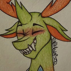 Size: 1077x1077 | Tagged: safe, artist:raritylover152, imported from derpibooru, thorax, changedling, changeling, blushing, colored, eyes closed, grin, horn, king thorax, sharp teeth, signature, smiling, solo, teeth, traditional art