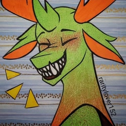 Size: 1080x1078 | Tagged: safe, artist:raritylover152, imported from derpibooru, thorax, changedling, changeling, blushing, emanata, eyes closed, grin, horn, king thorax, mixed media, redraw, sharp teeth, signature, smiling, solo, teeth, traditional art