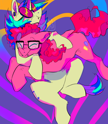 Size: 2048x2351 | Tagged: safe, artist:ponypierced, imported from derpibooru, dj pon-3, pinkie pie, vinyl scratch, earth pony, pony, unicorn, abstract background, crack shipping, duo, duo female, female, glasses, hug, lesbian, shipping