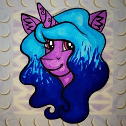 Size: 1356x1356 | Tagged: safe, artist:raritylover152, imported from derpibooru, izzy moonbow, pony, unicorn, bust, ear fluff, female, g5, horn, mare, portrait, smiling, solo, traditional art, washi tape