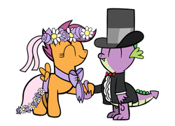 Size: 1024x738 | Tagged: safe, artist:turnaboutart, imported from derpibooru, scootaloo, spike, dragon, pegasus, pony, bow, bowtie, clothes, dress, female, flower, hat, male, scootaspike, shipping, simple background, straight, suit, top hat, transparent background