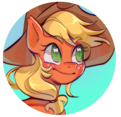 Size: 1280x1233 | Tagged: safe, artist:samix-asb, imported from derpibooru, part of a set, applejack, earth pony, pony, applejack's hat, bust, colored eyebrows, cowboy hat, cutie mark eyes, eyebrows, eyebrows visible through hair, female, freckles, green eyes, hat, icon, looking away, mare, ponytail, profile picture, smiling, solo, torn ear, wingding eyes, yellow mane