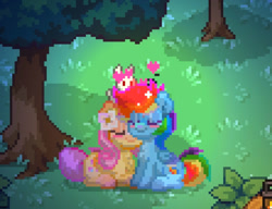 Size: 887x681 | Tagged: safe, artist:artworkpony217, imported from derpibooru, fluttershy, rainbow dash, pegasus, pony, rabbit, pony town, animal, blushing, cute, female, floating heart, flutterdash, heart, lesbian, mare, nuzzling, pixel art, shipping