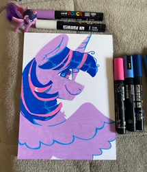 Size: 1760x2048 | Tagged: safe, artist:kreeeeeez, imported from derpibooru, twilight sparkle, alicorn, pony, chest fluff, ear fluff, eyelashes, female, horn, limited palette, looking at you, mare, marker drawing, markers, profile, smiling, smiling at you, solo, spread wings, traditional art, twilight sparkle (alicorn), two toned mane, wingding eyes, wings