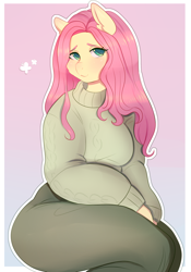 Size: 2100x3000 | Tagged: safe, artist:cutievarka, imported from derpibooru, fluttershy, anthro, pegasus, breasts, busty fluttershy, clothes, female, gradient background, high res, mare, smiling, solo, sweater, sweater puppies, sweatershy, thighs, thunder thighs