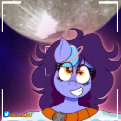 Size: 3000x3000 | Tagged: safe, artist:juniverse, imported from derpibooru, oc, oc only, oc:juniverse, earth pony, pony, camera shot, looking up, moon, photo, satellite, smiling, solo, space, space pony, stars, universe