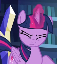 Size: 956x1080 | Tagged: safe, imported from derpibooru, screencap, twilight sparkle, alicorn, pony, it isn't the mane thing about you, cropped, eyes closed, library, magic, magic aura, raised hoof, solo, twilight sparkle (alicorn), twilight's castle, twilight's castle library