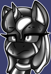 Size: 273x392 | Tagged: safe, artist:askhypnoswirl, imported from derpibooru, oc, oc:quillian inkheart, goo, goo pony, original species, pony, unicorn, glowing, glowing eyes, good, monochrome, solo, two toned mane, unamused