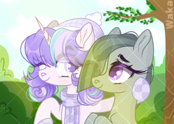 Size: 2398x1710 | Tagged: safe, artist:waka, imported from derpibooru, marble pie, oc, oc:delia ino, earth pony, unicorn, canon x oc, friendship, horn, hug, smiling, sunshine, tree, unicorn oc