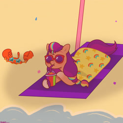 Size: 2480x2480 | Tagged: safe, artist:starburstuwu, imported from derpibooru, sunny starscout, crab, earth pony, pony, beach, drink, g5, mane stripe sunny, mcsnips-a-lot, smoothie, solo, sunglasses