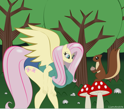 Size: 1512x1329 | Tagged: safe, artist:lisandro256, imported from derpibooru, fluttershy, anthro, pegasus, squirrel, acorn, bent over, big breasts, breasts, busty fluttershy, duo, female, forest, looking at something, mushroom, nature, tree