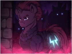 Size: 1280x960 | Tagged: safe, artist:binibean, imported from derpibooru, tempest shadow, pony, unicorn, armor, broken horn, glowing, glowing eyes, horn, silhouette, solo focus, storm guard