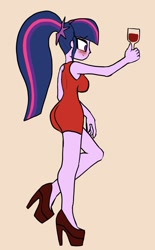 Size: 1242x1998 | Tagged: safe, artist:peel_a_na, imported from derpibooru, sci-twi, twilight sparkle, equestria girls, blushing, butt, clothes, dress, high heels, missing accessory, sci-twibutt, shoes, short dress, simple background, solo