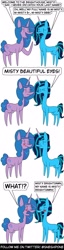 Size: 1000x3900 | Tagged: safe, artist:sneshpone, imported from derpibooru, izzy moonbow, spoiler:g5, spoiler:my little pony: make your mark, spoiler:my little pony: make your mark chapter 2, spoiler:mymc02e06, blush sticker, blushing, freudian slip, g5, misty brightdawn, my little pony: make your mark, my little pony: make your mark chapter 2, simple background, the traditional unicorn sleep-over, white background