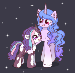 Size: 1883x1845 | Tagged: safe, artist:jaanhavi, imported from derpibooru, izzy moonbow, pony, unicorn, bracelet, dreadlocks, duo, duo female, female, filly, foal, friendship bracelet, g5, horn, jewelry, looking at each other, looking at someone, looking down, looking up, mare, open mouth, open smile, smiling, sparkles, tail, violette rainbow, vitiligo