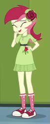 Size: 271x672 | Tagged: safe, imported from derpibooru, screencap, roseluck, equestria girls, equestria girls series, holidays unwrapped, spoiler:eqg series (season 2), belt, clothes, cropped, dress, flower, flower in hair, laughing, lockers, o come all ye squashful, open mouth, open smile, outfit catalog, shoes, smiling, sneakers, socks, solo