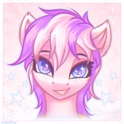 Size: 2100x2100 | Tagged: safe, artist:adagiostring, imported from derpibooru, oc, oc only, pegasus, abstract background, bust, cutie, female, headshot commission, looking at you, pegasus oc, portrait, simple background, smiling, smiling at you, solo, solo female, sparkles, stars, wings