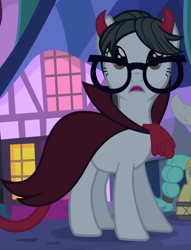 Size: 670x875 | Tagged: safe, imported from derpibooru, screencap, raven, sunshower raindrops, writing desk, earth pony, pegasus, pony, luna eclipsed, cape, clothes, costume, cropped, devil costume, devil tail, female, frown, glasses, horns, mare, open mouth, solo focus, tail