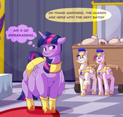 Size: 2319x2207 | Tagged: safe, artist:graphenescloset, artist:sirmasterdufel, imported from derpibooru, twilight sparkle, alicorn, series:twilight h&h blorp program, collaboration, fat, implied princess celestia, incentive drive, obese, royal guard, twilight sparkle (alicorn), weight gain, weight gain sequence