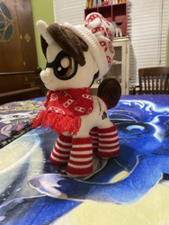 Size: 810x1080 | Tagged: artist needed, safe, imported from derpibooru, symbiote studios, raven, pony, unicorn, clothes, female, holiday wonder wardrobe, irl, mare, photo, plushie, socks, winter outfit