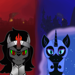 Size: 3000x3000 | Tagged: safe, artist:etofeek, imported from derpibooru, king sombra, nightmare moon, burning, canterlot, fire, metal, serious, serious face, vanhoover