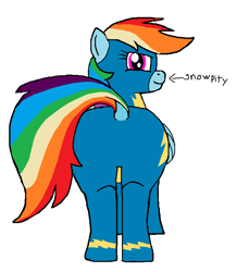 Size: 663x762 | Tagged: safe, artist:phoneypony, imported from ponybooru, rainbow dash, pegasus, pony, butt, clothes, dock, female, looking at you, mare, ms paint, plot, rear view, simple background, smug, snowpity, solo, solo female, uniform, wonderbolts uniform