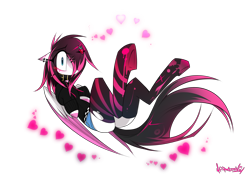 Size: 2580x1838 | Tagged: safe, artist:madragon, imported from derpibooru, oc, oc only, oc:lunylin, pegasus, clothes, collar, cute, embarrassed, emo, female, floppy ears, folded wings, hairpin, heart, hoodie, hooves to the chest, lying down, on back, one eye covered, pegasus oc, ripped stockings, shorts, simple background, socks, solo, solo female, spread legs, spreading, stockings, striped socks, thigh highs, tights, torn clothes, transparent background, wide eyes, wings