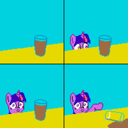 Size: 1407x1407 | Tagged: safe, artist:dhm, imported from derpibooru, twilight sparkle, pony, /mlp/, chocolate, chocolate milk, comic, exploitable meme, food, looking at you, meme, milk, pixel art, pixelcanvas, solo, spilled milk
