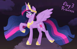 Size: 2800x1796 | Tagged: safe, artist:bubblegooey, imported from derpibooru, twilight sparkle, alicorn, pony, the last problem, :d, accessory, art challenge, blushing, clothes, cloud, crown, cute, ear fluff, eyeshadow, female, flowing mane, happy, heart, heart eyes, horn, jewelry, looking at you, makeup, mare, multicolored hair, multicolored mane, multicolored tail, neck fluff, older, older twilight, older twilight sparkle (alicorn), open mouth, open smile, peytral, princess twilight 2.0, purple coat, purple eyes, raised hoof, raised leg, regalia, royalty, shoes, signature, sky, smiling, solo, sparkles, spread wings, standing, standing on two hooves, tail, tiara, twiabetes, twilight sparkle (alicorn), wing fluff, wingding eyes, wings